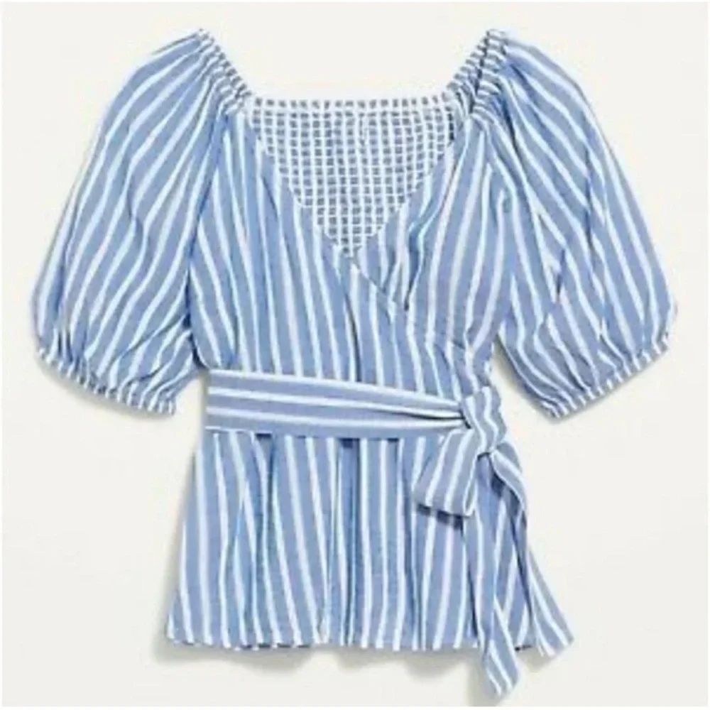 Old Navy Blue White Stripe True Wrap Top Blouse 4X Puff Sleeve Plus EUC 4X #1018
